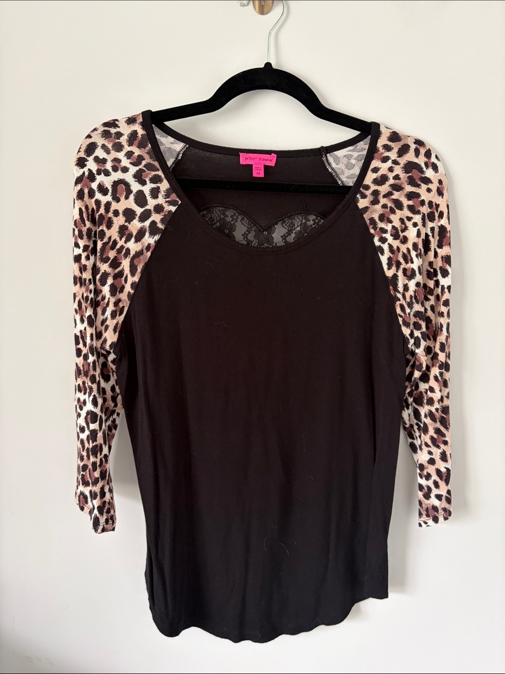 Betsey Johnson | Black Raglan 3/4 length Leopard Print Sleeve top and Lace Heart